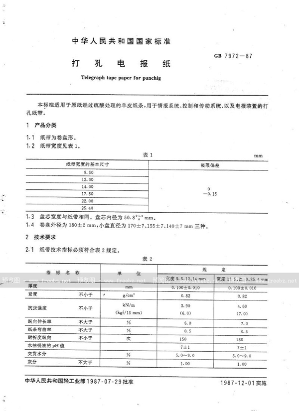 GB/T 7972-1987 打孔电报纸