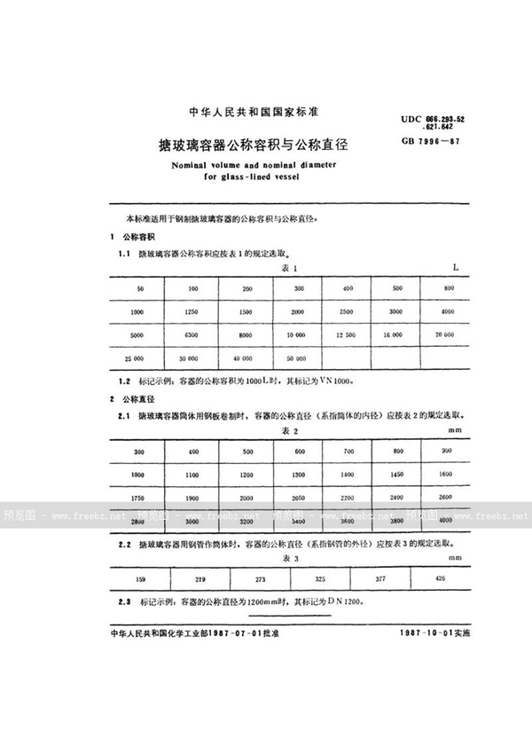 GB/T 7996-1987 搪玻璃容器公称容积与公称直径