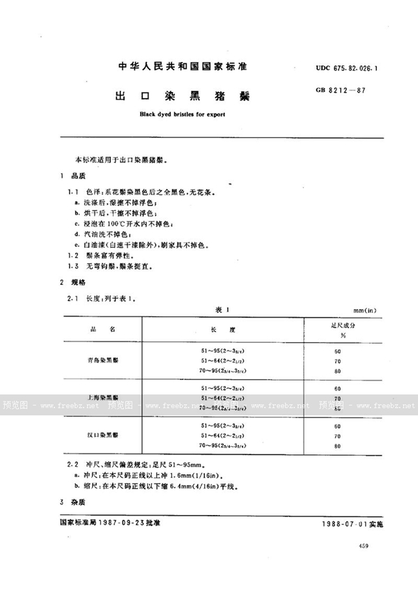 GB/T 8212-1987 出口染黑猪鬃