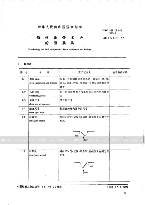 GB/T 8242.3-1987 船体设备术语  舱面属具