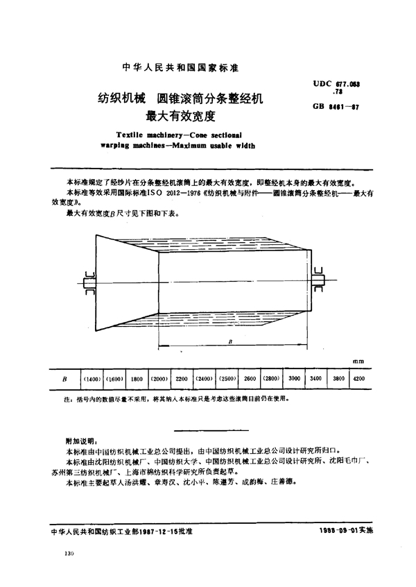 GB/T 8461-1987 纺织机械 圆锥滚筒分条整经机 最大有效宽度