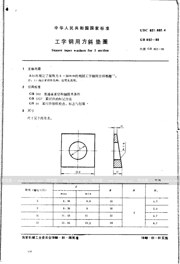 GB/T 852-1988 工字钢用方斜垫圈