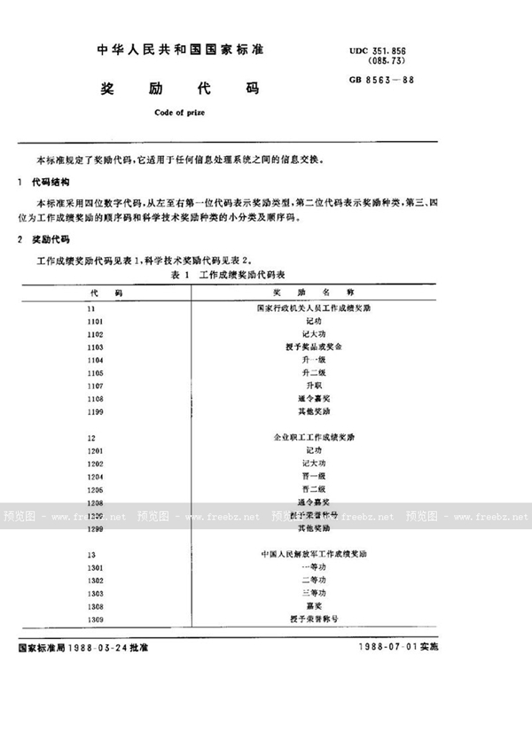 GB/T 8563-1988 奖励代码