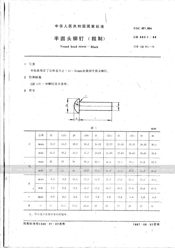 GB/T 863.1-1986 半圆头铆钉 (粗制)