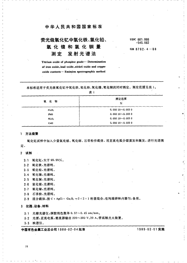 GB/T 8762.4-1988 荧光级氧化钇中氧化铁、氧化铅、氧化镍和氧化铜量测定 发射光谱法