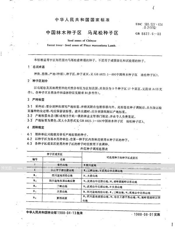 GB/T 8822.6-1988 中国林木种子区  马尾松种子区