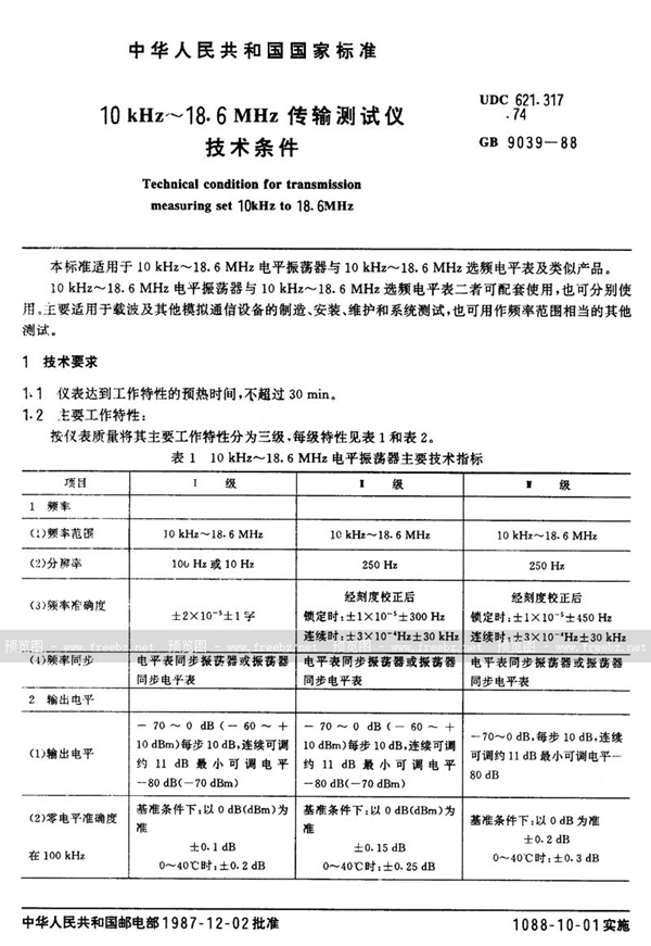 GB/T 9039-1988 10 kHz～18.6 MHz传输测试仪技术条件