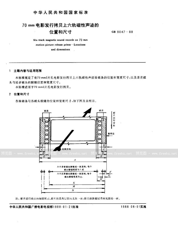 GB/T 9047-1988 70mm电影发行拷贝上六轨磁性声迹的位置和尺寸