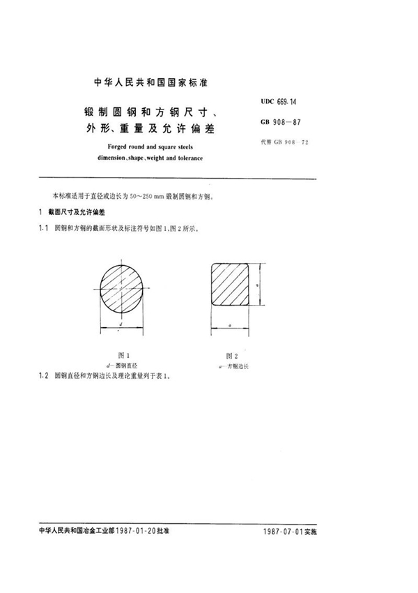 GB/T 908-1987 锻制圆钢和方钢尺寸、外形、重量及允许偏差