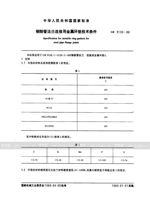 GB/T 9130-1988 钢制管法兰连接用金属环垫技术条件