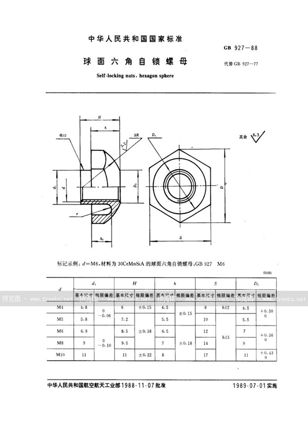 GB/T 927-1988 球面六角自锁螺母