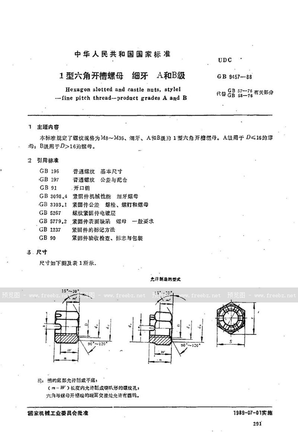 GB/T 9457-1988 1 型六角开槽螺母  细牙  A和B级