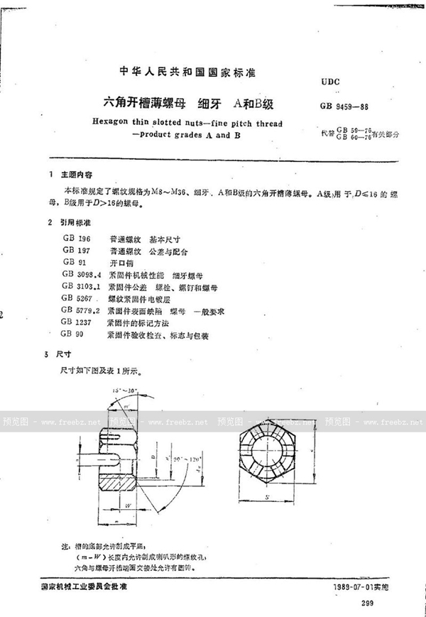 GB/T 9459-1988 六角开槽薄螺母  细牙  A和B级