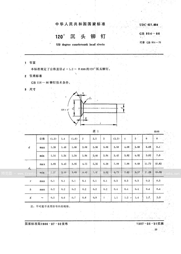 GB/T 954-1986 120°沉头铆钉