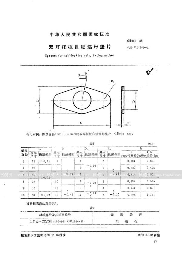 GB/T 962-1988 双耳托板自锁螺母垫片