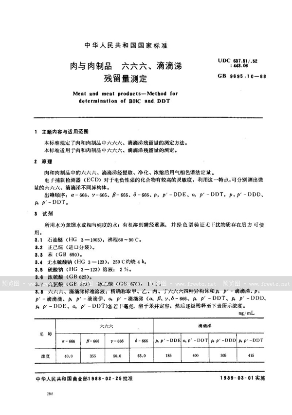 GB/T 9695.10-1988 肉与肉制品  六六六、滴滴涕残留量测定