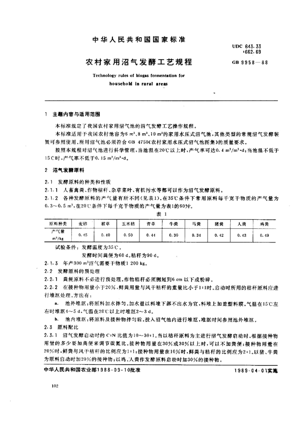 GB/T 9958-1988 农村家用沼气发酵工艺规程