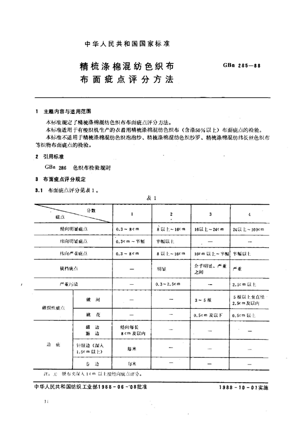 GBn 285-1988 精梳涤棉混纺色织布布面疵点评分方法