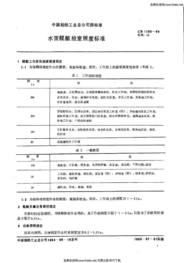 CB 1108-1984 水面舰艇舱室照度标准