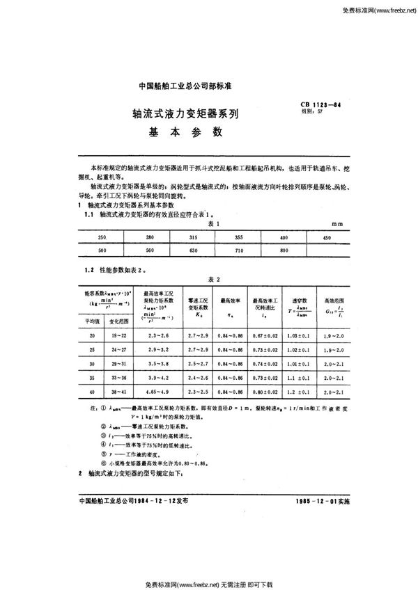 CB 1123-1984 轴流式液力变矩器系列基本参数