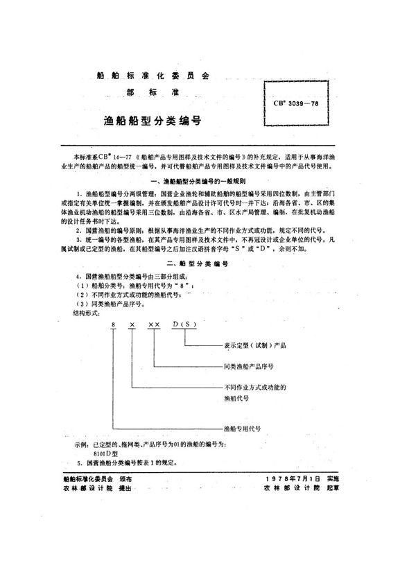 CB 3039-1978 渔船船型分类编号