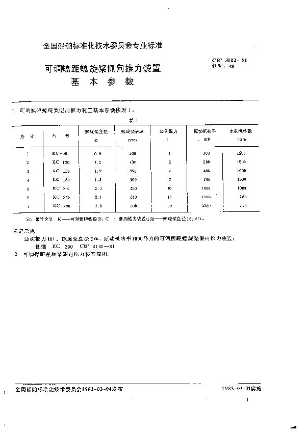 CB 3102-1981 可调螺距螺旋桨侧向推力装置基本参数