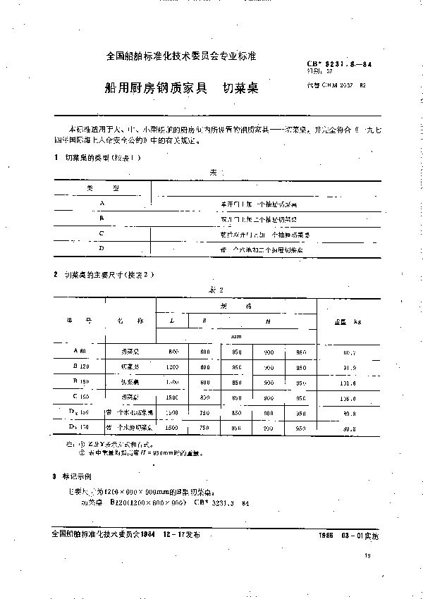 CB 3231.3-1984 船用厨房钢质家具  切菜桌