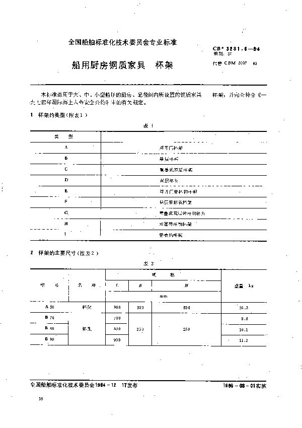 CB 3231.6-1984 船用厨房钢质家具  杯架