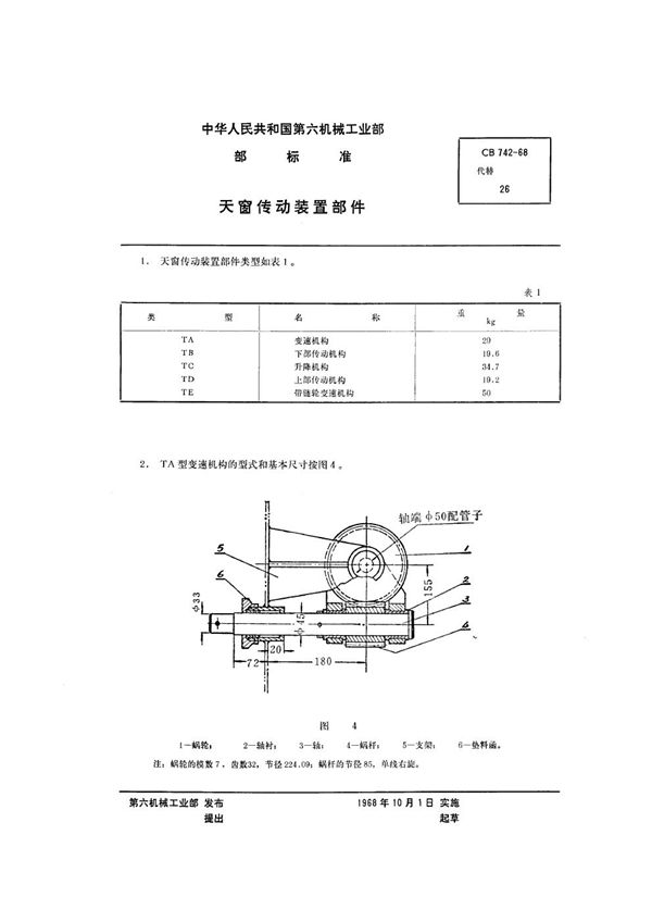 CB 742-1968 天窗传动装置部件