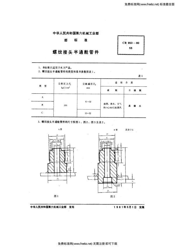 CB 953-1980 螺纹接头半通舱管件