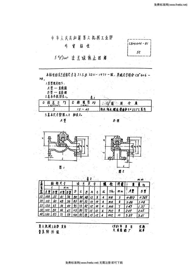 CBM 1044-1981 5kgf-cm2法兰球铁止回阀