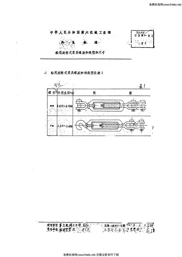 CBM 2024-1981 船用旋转式索具螺旋扣类型和尺寸