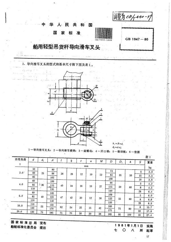 CB/T 440-1999 船用轻型吊货杆导向滑车叉头