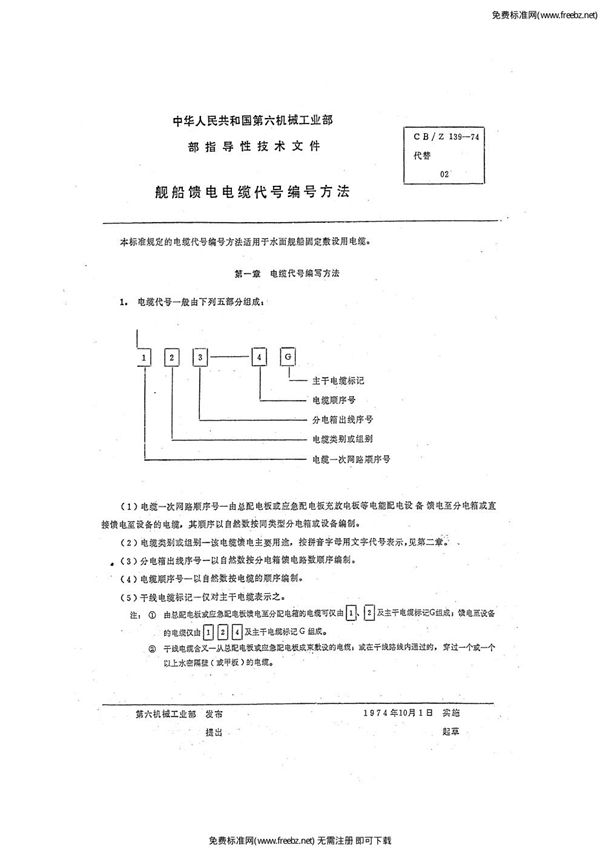 CBZ 139-1974 船舶馈电电缆代号编号方法