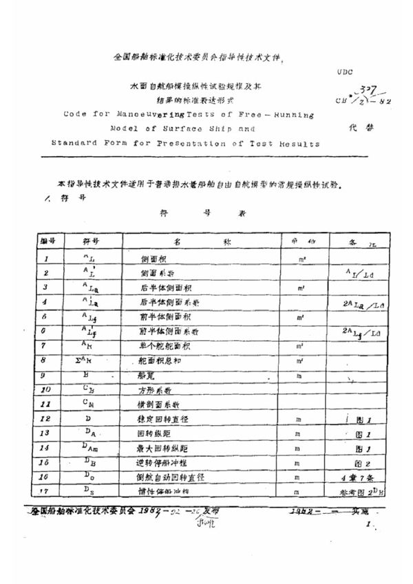 CB /Z 327-1982 水面自航船模操纵性试验规程及结果的标准表达形式