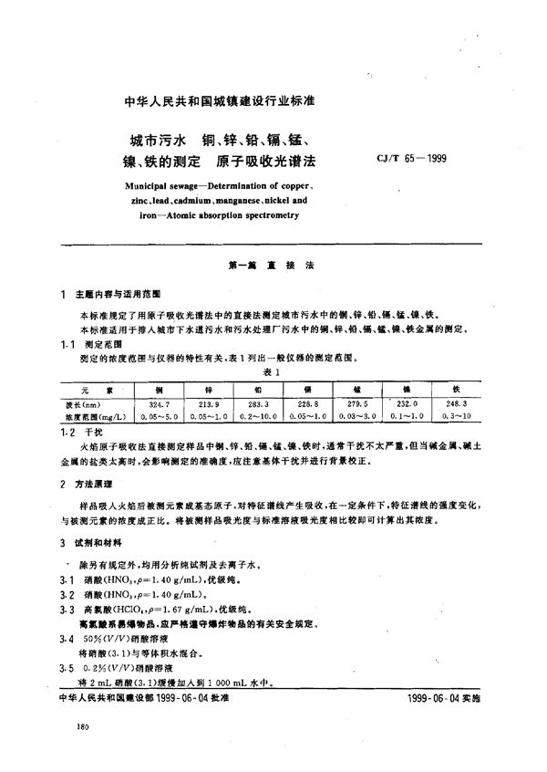 CJ/T 65-1999 城市污水 铜、锌、铅、镉、锰、镍、铁的测定 原子吸收光谱法