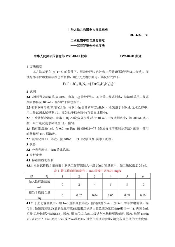 DL 422.3-1991 工业盐酸中铁含量的测定 邻菲罗啉分光光度法