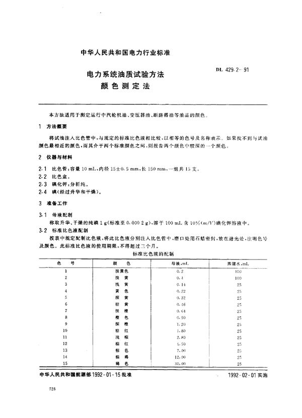 DL 429.2-1991 电力系统油质试验方法 颜色测定法