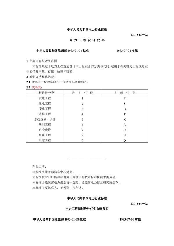 DL 503-1992 电力工程设计代码