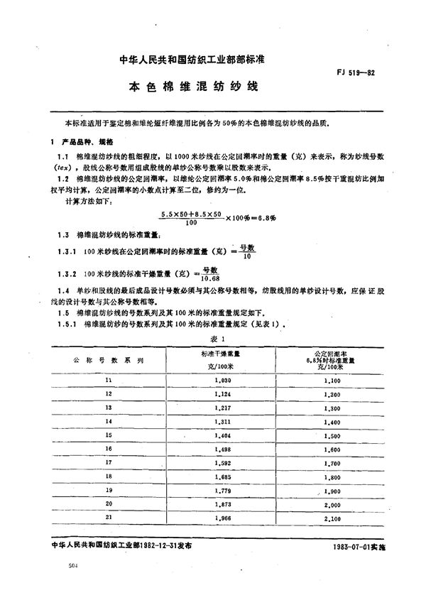 FJ 519-1982 本色棉维混纺纱线