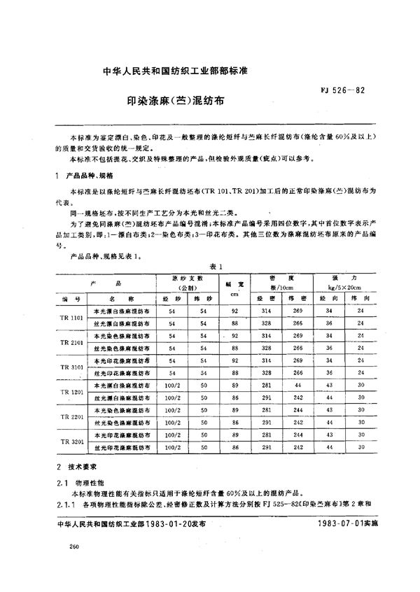 FJ 526-1982 印染涤麻(苎麻)混纺布