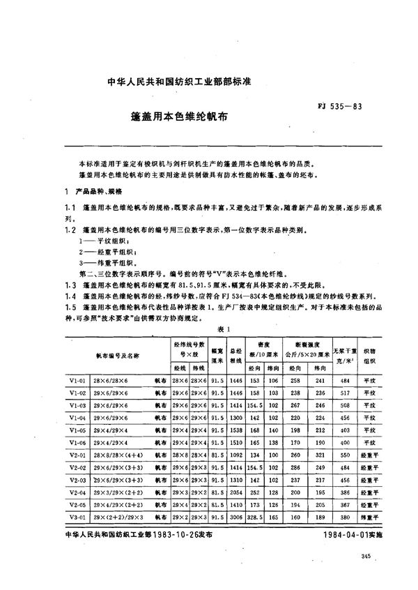 FJ 535-1983 篷盖用本色维纶帆布