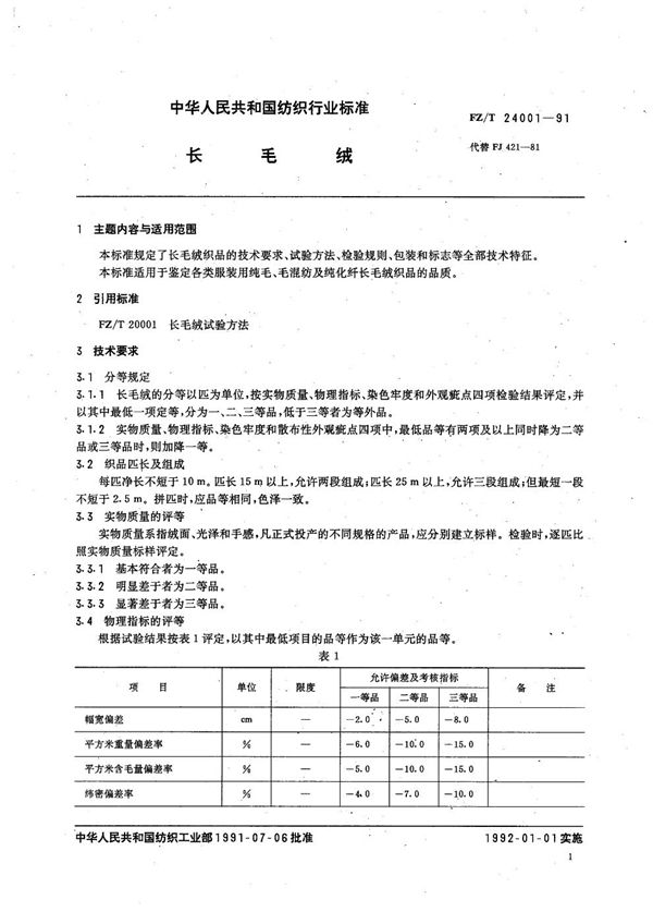 FZ/T 24001-1991 长毛绒