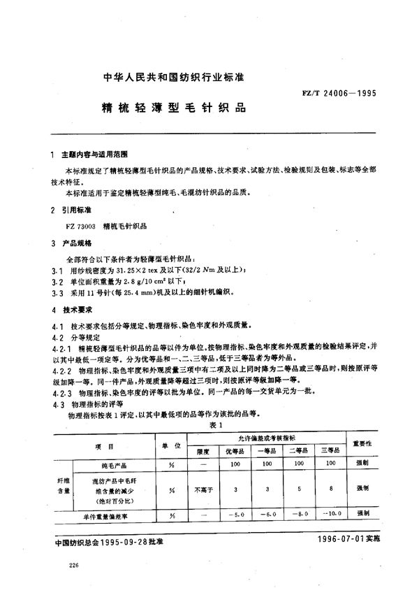 FZ/T 24006-1995 精梳轻薄型毛针织品