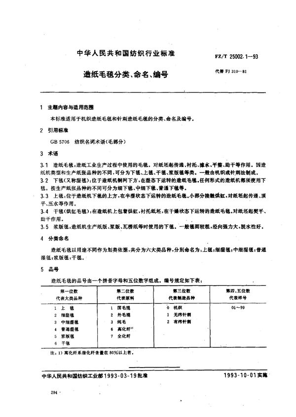 FZ/T 25002.1-1993 造纸毛毯分类、命名、编号