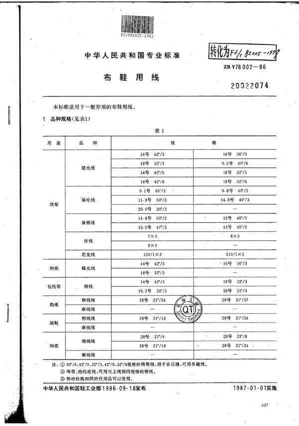 FZ/T 82005-1999 布鞋用线