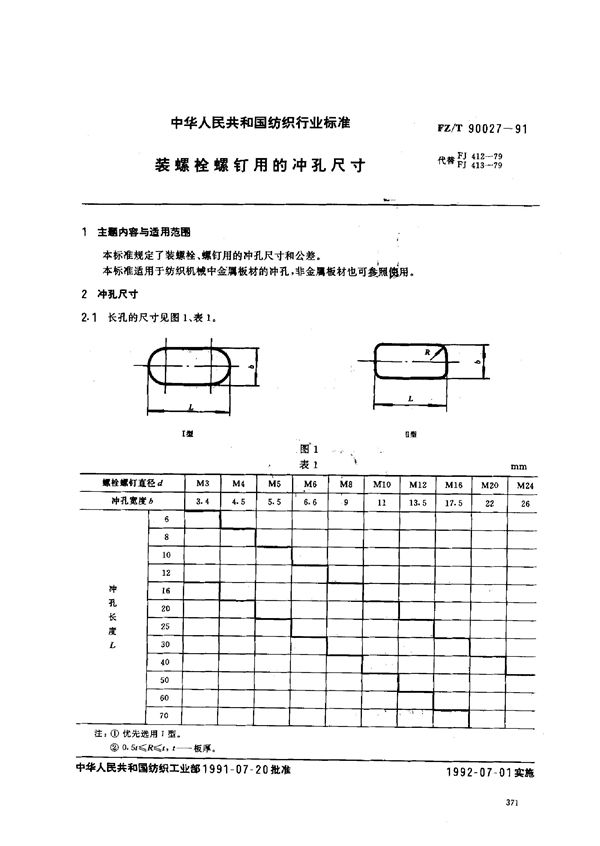 FZ/T 90027-1991 装螺栓螺钉用的冲孔尺寸