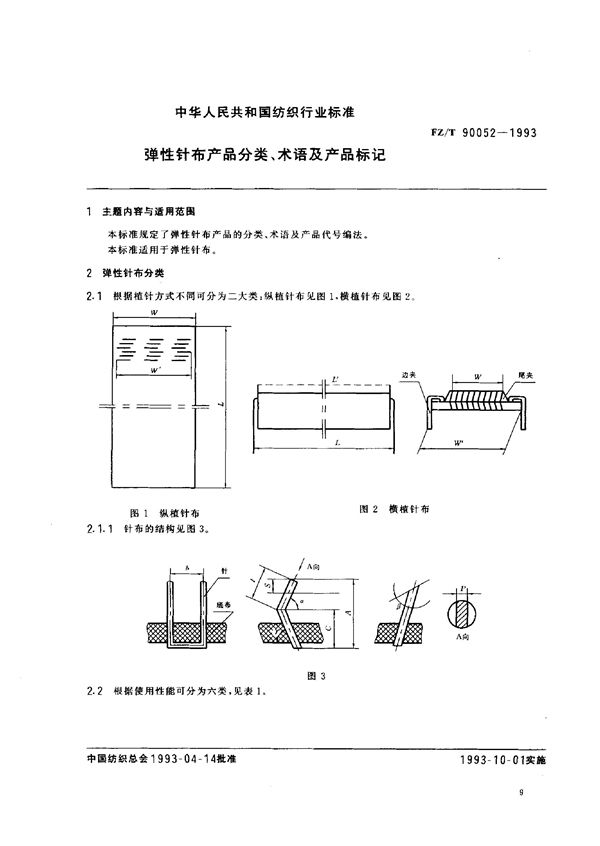 FZ/T 90052-1993 弹性针布产品分类 术语及产品标记