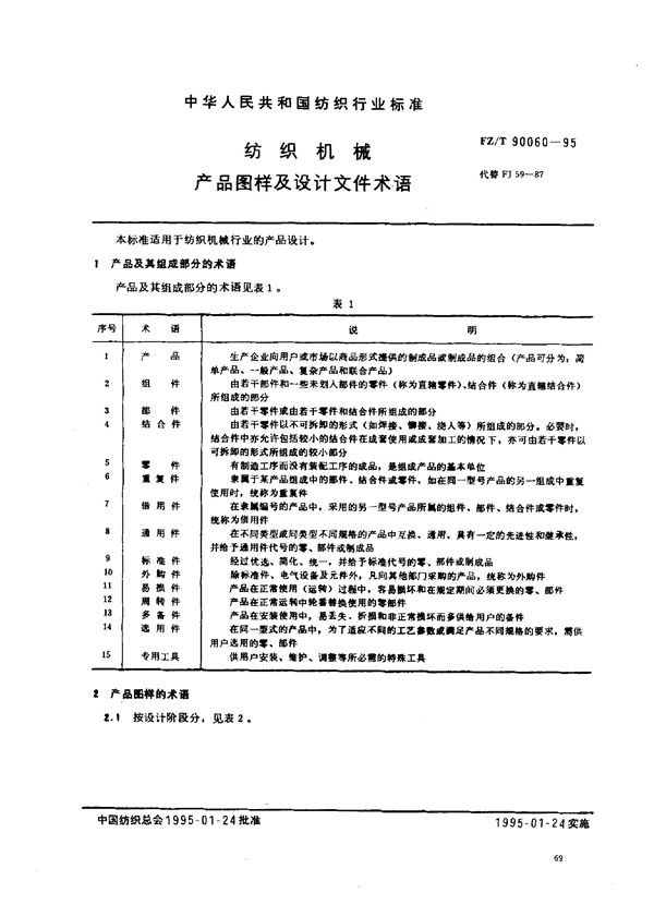 FZ/T 90060-1995 纺织机械 产品图样及设计文件术语