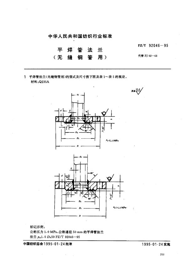 FZ/T 92046-1995 平焊管法兰(无缝钢管用)